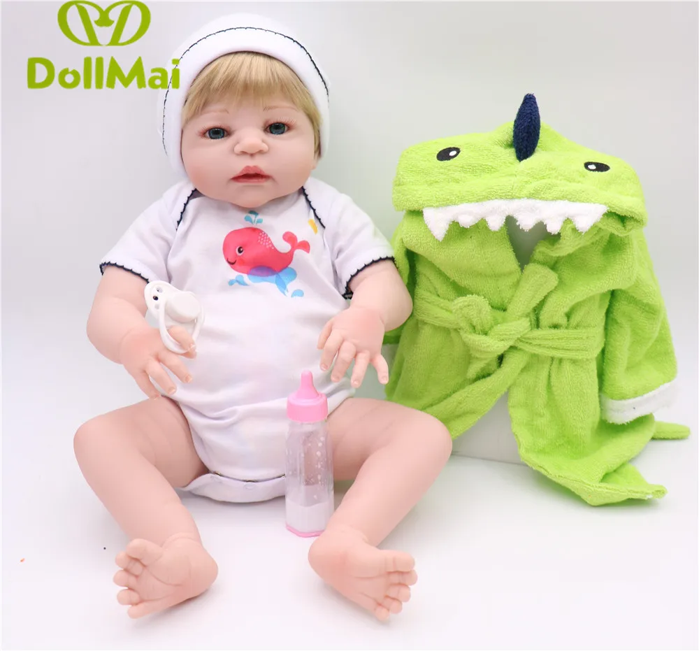 

22" full body silicone reborn baby boy girl dolls blond hair wig Cartoon Dinosaur Bathrobes babydoll kids gift bebes reborn