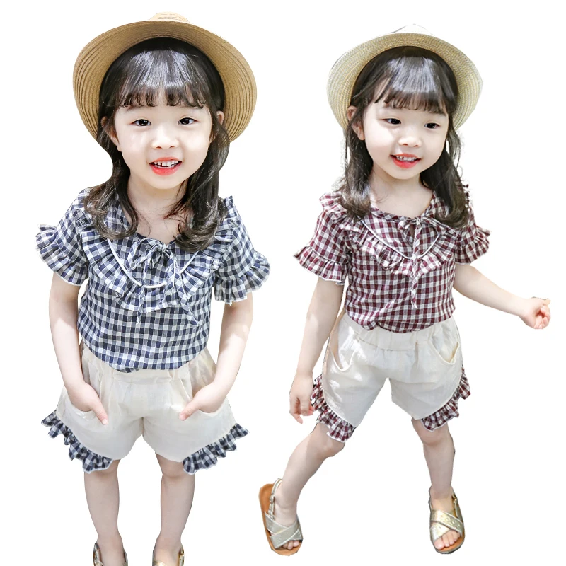 

Fashion Children Girls Clothes Summer Plaid Print Flare Sleeve T-shirt+Shorts Suits 2Pcs Costume Set