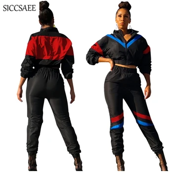 

2018 Fall Two Piece Set Black Patchwork Tracksuit For Women Crop Top And Pants Suits Sexy Casual Outfits Sweatsuit Matching Sets