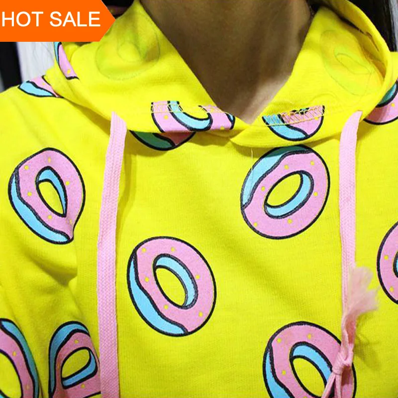  New Spring Autumn 2019 Cute Donut Print Pullovers Geometric Women Hoodies Sweatshirt Fashion Yellow