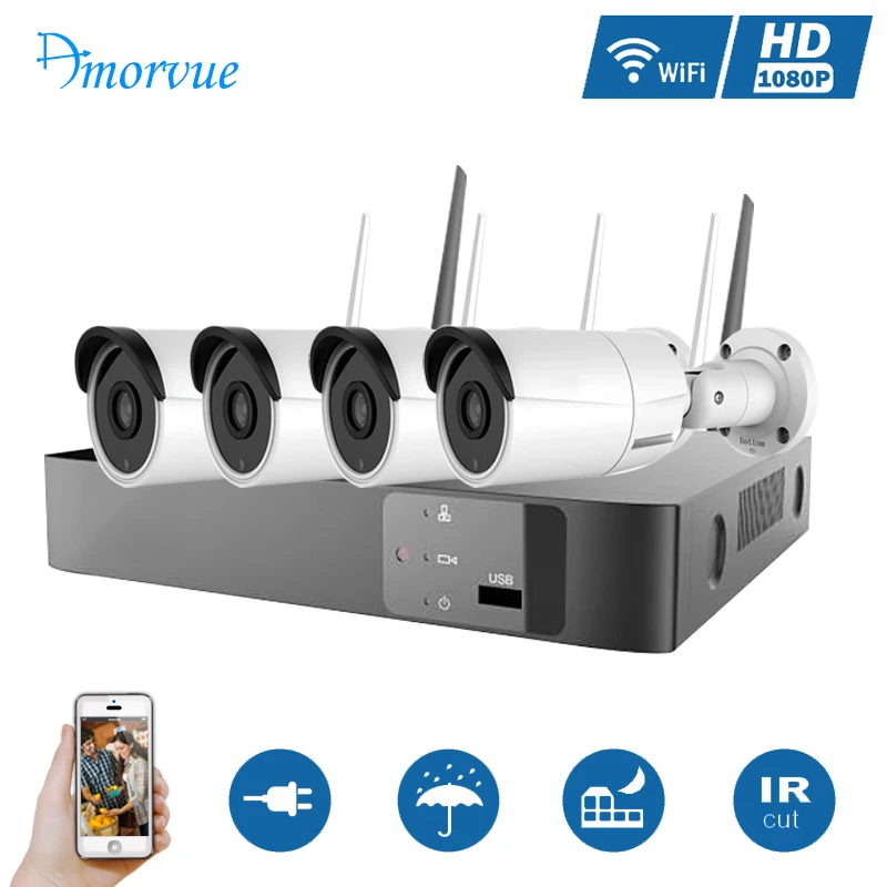 Amorvue 4CH 1080P Wifi NVR Kits 4pcs 2MP Bullet IP Camera Wifi Network