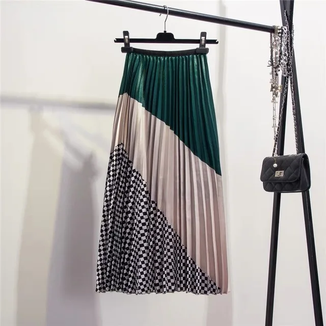 Новая Женская Корейская длинная юбка с мультяшным принтом, юбка с высокой талией, свободная большая свободная юбка, высокая уличная полосатая плиссированная юбка - Цвет: 321-5 Beige