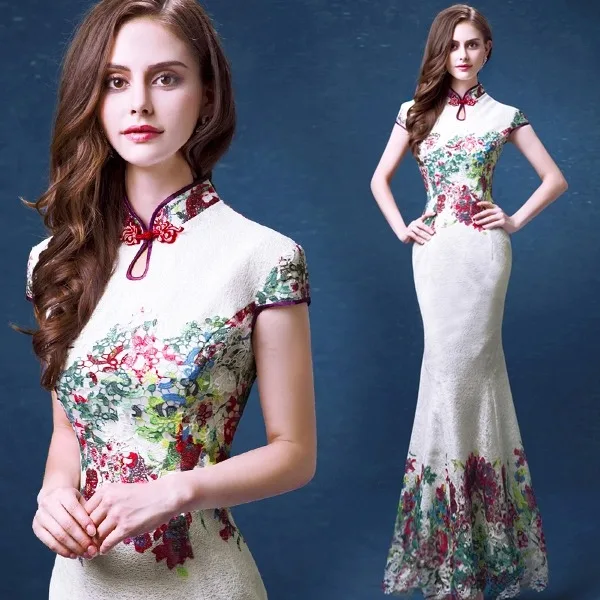 Белое кружево рыбий хвост Cheongsam вечерние платья Длинные китайский стиль Русалка