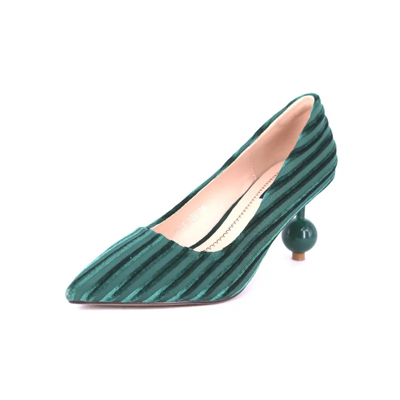 

European and American style pointed tip shallow mouth with a single female retro suede stripes shaped round with pink high heels