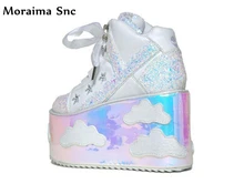 

Moraima Snc Flat platform round toe spring Autumn PU leather bling cloud 2018 newest cross-tied sexy female casual shoes