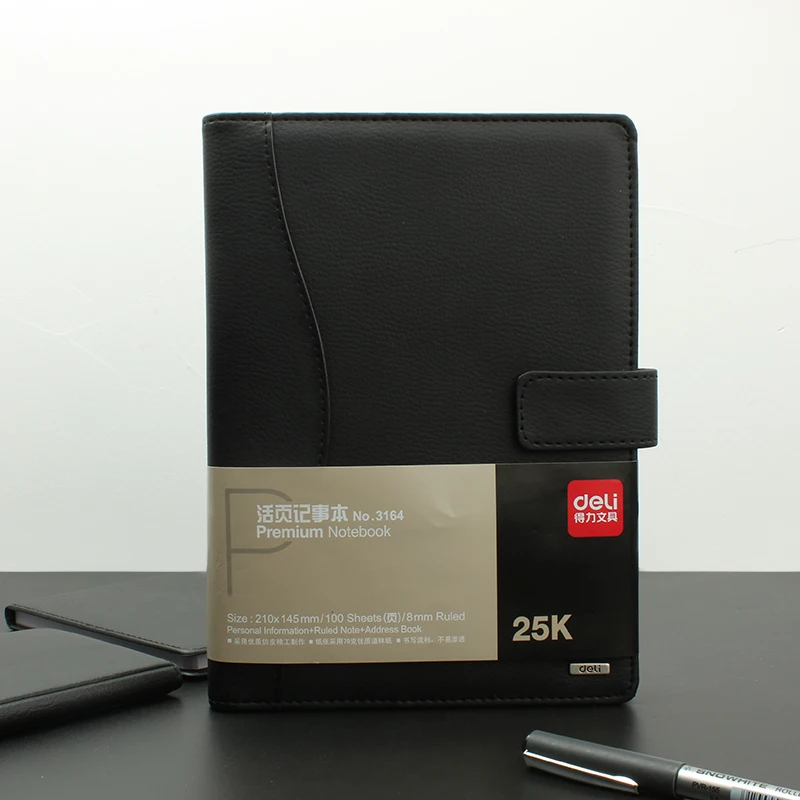 Deli 1pcs leather notebook high quality business meeting diary book with a gel pen black stationery thick notebook 3164