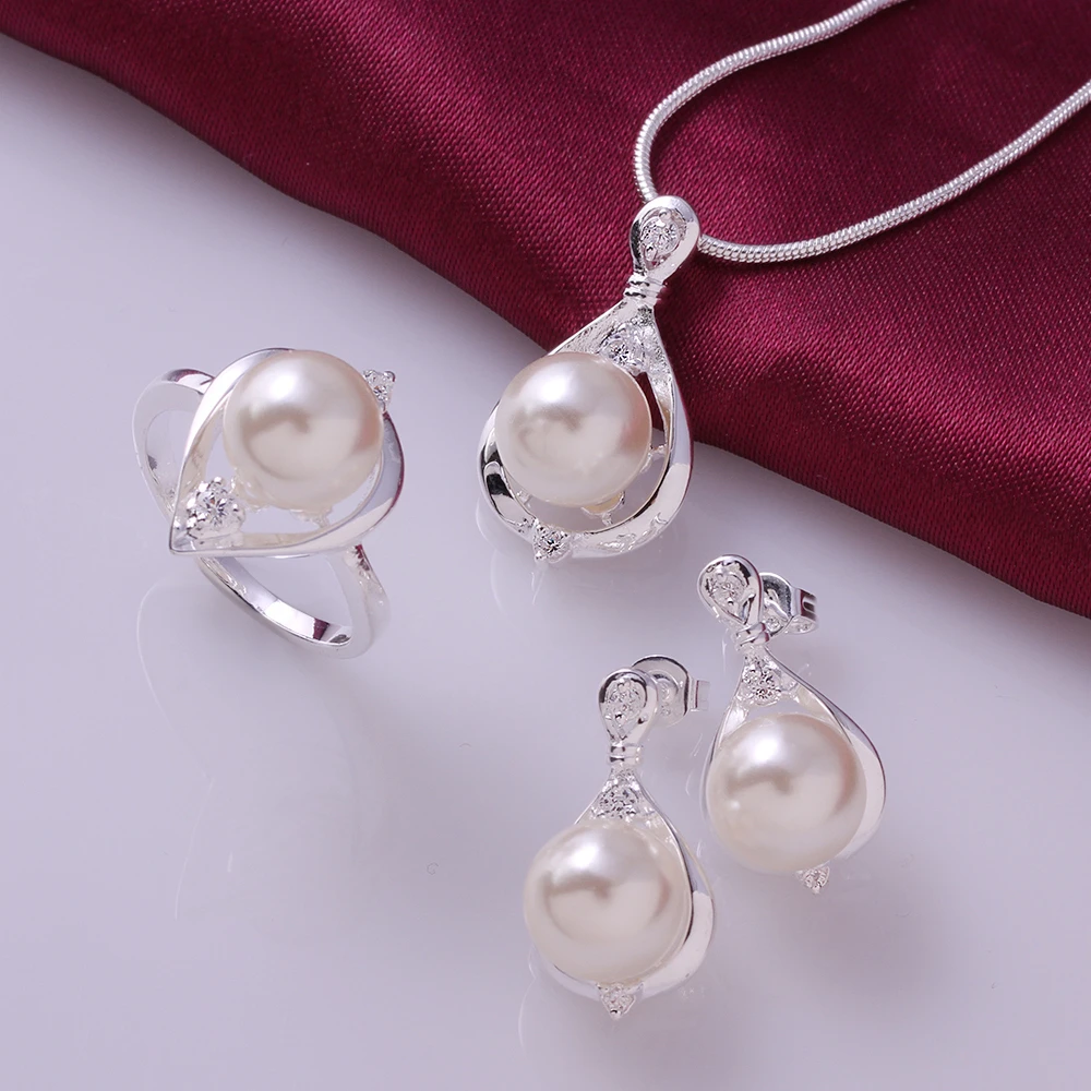 2017 New Fashion S925 Print Silver color Jewelry Set Pearl Ring Earrings Necklace Jewelry Set Women