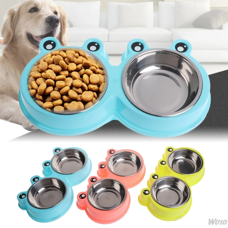 

Pet Bowls Dogs Cats Double Cute Cartoon Frog Feeder Food Water Stainless Steel