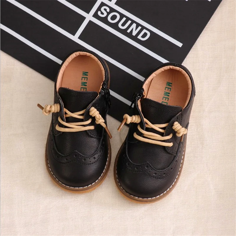 Baby Toddler Boy Girl Genuine Leather Oxfords Leather Shoes Little Kid Lace Up Children Fashion England Black Formal Dress Shoes