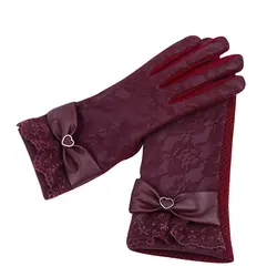 25 пар/лот SINGYOU Для женщин перчатки Lovely Лук Кружева искусственной кожи Зимние перчатки вождения теплые мягкие Guantes