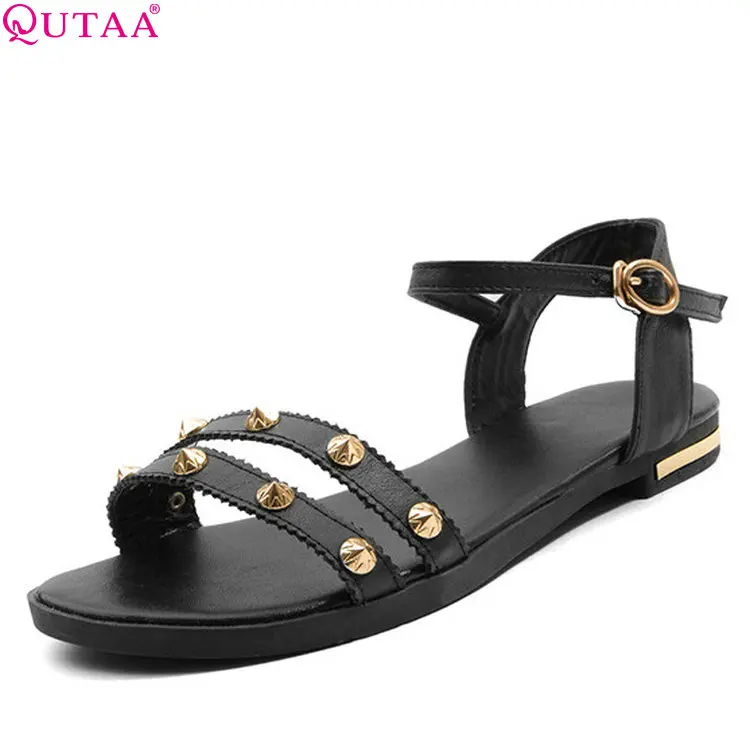 

QUTAA 2018 Women Sandals PU Leather Fashion Women Shoes Rivet All Match Square Low Heel Black Women Sandals Size 34-43