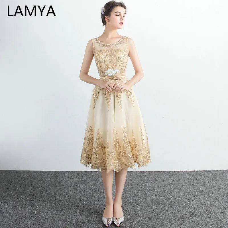 

LAMYA 2019 Tulle Tea Length Prom Dress Sleeveless Crystal Evening Party Gown Elegant Zipper Backless Vestidos De Novia