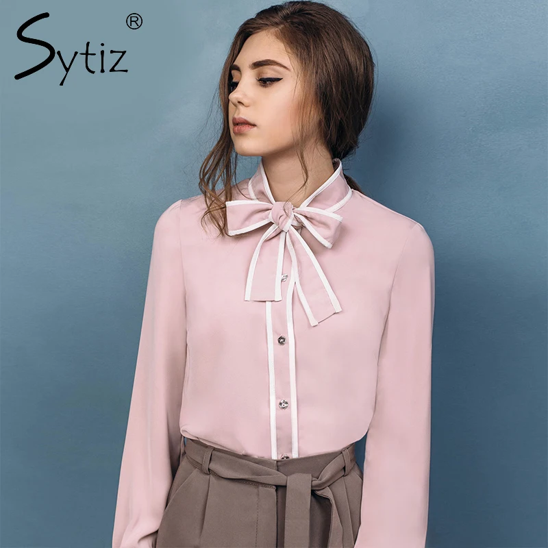 Sytiz 2017 Bow Pink Women Blouse Stand Collar Elegant