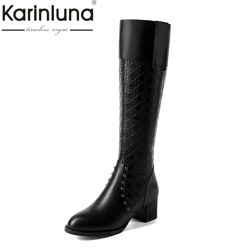 Koop KARINLUNA top kwaliteit maat 34 41 echt leer knie hoge laarzen vrouwen schoenen mode vierkante hakken zwarte koe lederen schoenen vrouw