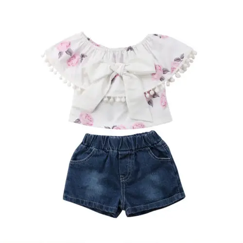 

2pcs Toddler Kid Baby Girl Clothes Casual floral ruffles T Shirt Top +Denim Short Outfit Set clothes 1-6y