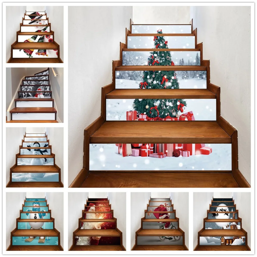 Rainqueen 6Pcs 3D Christmas Stair Stickers Staircase Wall Decals