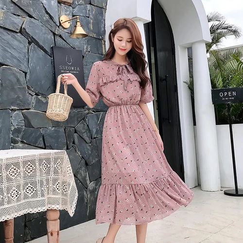 

Sweet Women Beach Dress 2019 Summer Boehmian Long Dress Vestidos Femininos Bow Collar Vintage Print Elegant Chiffon Dress BV7