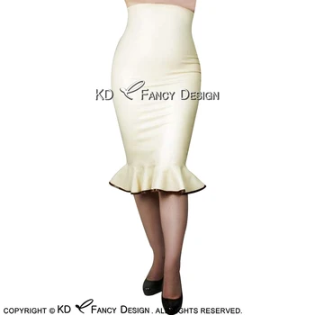 White With Brown Trims On Bottom Sexy Latex Skirts Knee Length With Ruffles Zipper At Back Rubber Skirt Bottoms DQ-0031 handmade sleeveless latex one piece dress exotic a line rubber skirt with front zipper