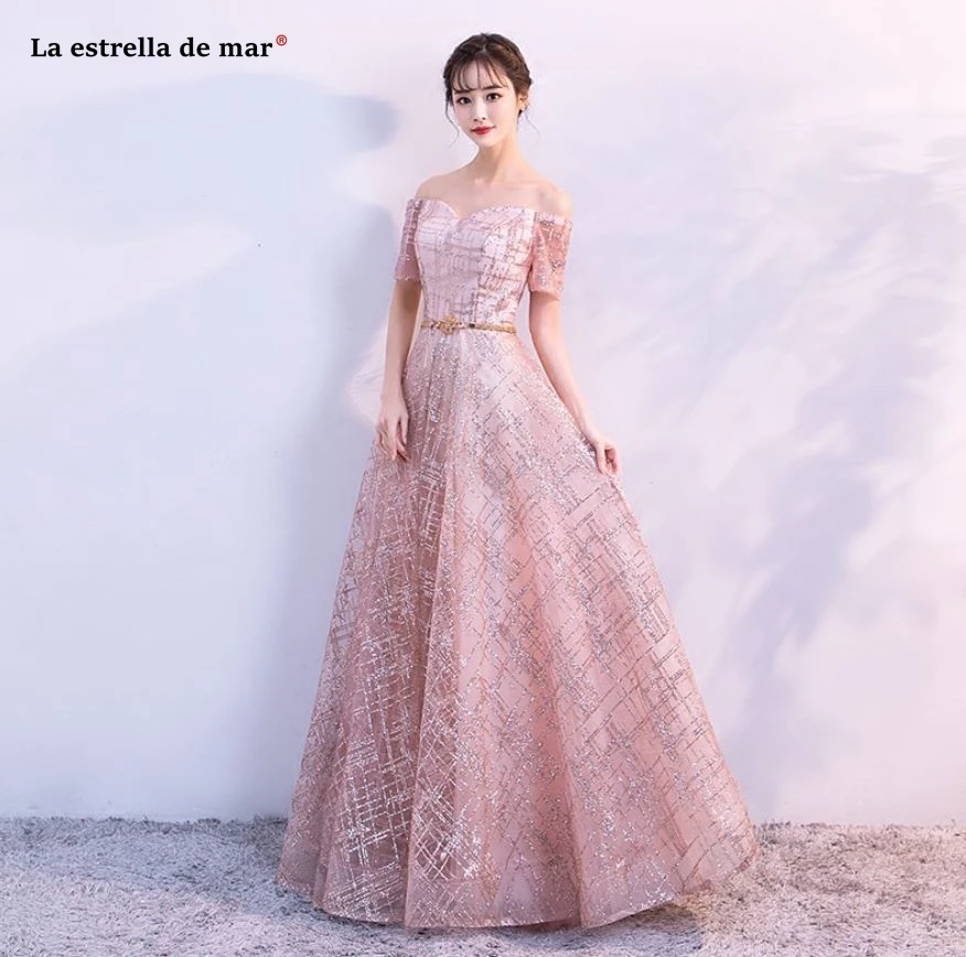 Vestidos boda invitada2019 Новое Кружевное платье подружки невесты с коротким рукавом и вырезом лодочкой с блестками цвета шампанского, золотого, розового цвета