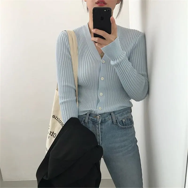 

HziriP Elegant Cardigans Korea Chic 2019 Gentle Women New Autumn Retro Full-Sleeved Solid Sweater V-Neck Simple Knitted Sweater