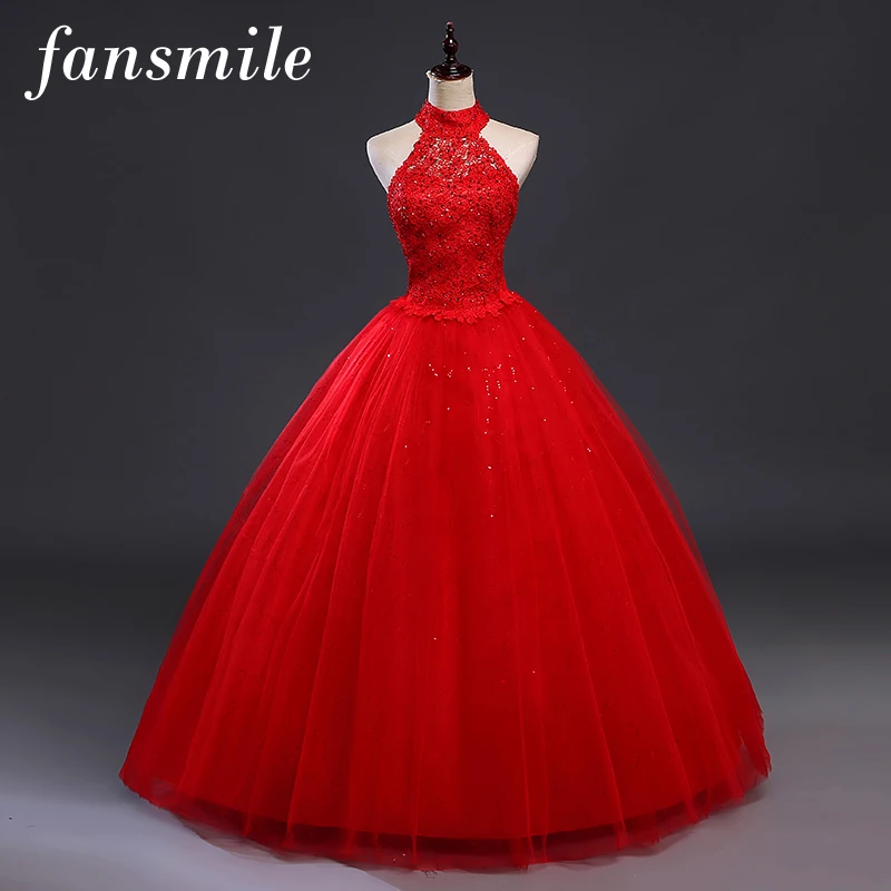 Fansmile Red Halter VintageLace Up Wedding Dresses Vestidos de Novia 2017 Plus Size Bridal Gowns Under $50 Free Shipping