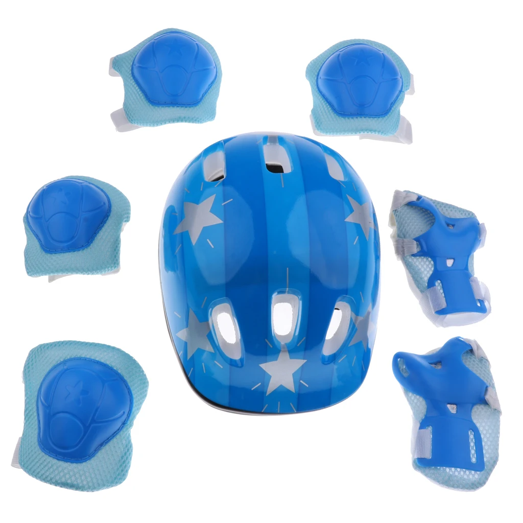 7 шт., 5 видов конструкций, детский шлем для катания на роликах, скутер, велосипедный шлем, набор, наколенник, налокотник на запястье, защитный набор, s m - Цвет: Blue Star S