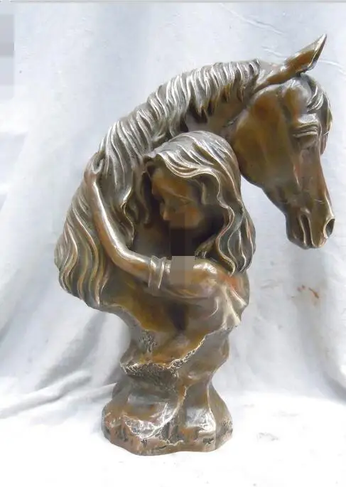 

13" China brass copper carved finely beautiful belle and horse Sculpture statue