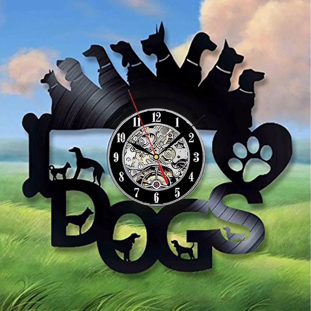Dogs Art Vinyl Wall Clock Gift Room Modern Home Record Vintage Decorationin Wall Clocks from