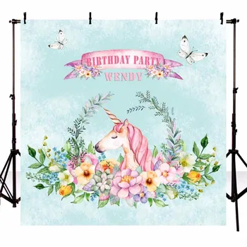 

Photography Background Unicorn 5x7 Bundle Flowers Personalized Name Unicorn Birthday Backdrop Kids Light Blue Wall Studio Backgr