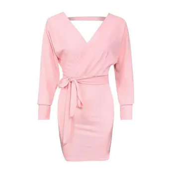 

Women Sexy Low-cut Cross Straps Mini Dresses Deep V-Neck Dress Elastic Tight-fitting Waist Belt Long Sleeve Stylish Style Dress