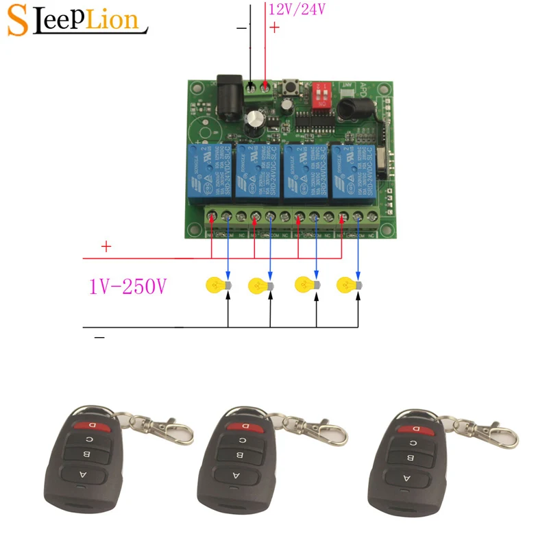 

Sleeplion 24V 4 Channel RF Wireless Remote Control Switch System Receiver Transmitter 315/433MHz Wireless Switch Relay 12V 4CH