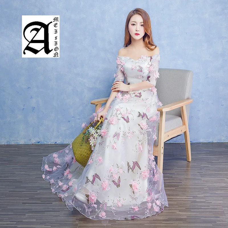 

Ameision Half Sleeve Off The Shoulder Backless Lace Up Formal Evening Dresses Floral Print Floor Length Party Dress