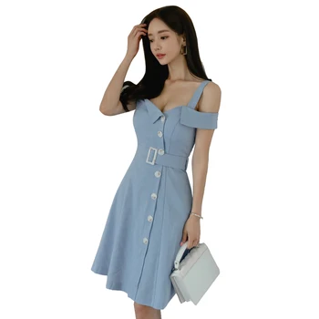 2019 nouvelles femmes robe Double boutonnage mince rosée épaule fesse robes bleu ciel 5293