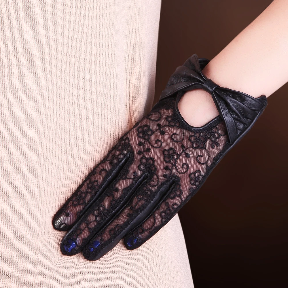 Женские перчатки из натуральной кожи осенне зимние овечьей с кружевным бантом