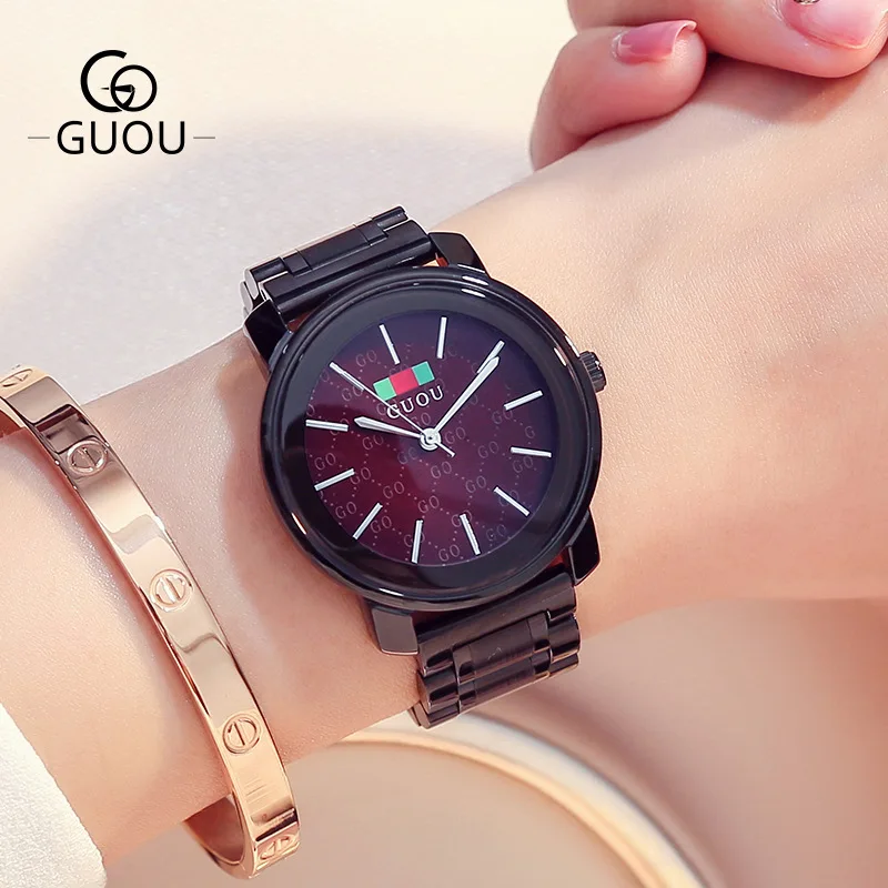 GUOU Famous Brand Women Luxury Dress Watches Ladies Black Steel Stainless Wristwatches Female Elegant Watches Hours GU003