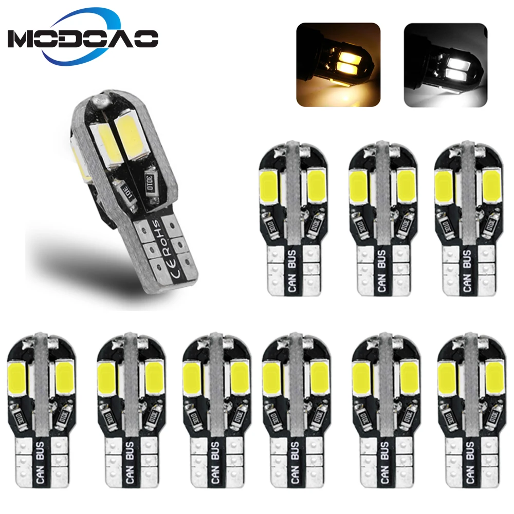 

10 Pcs/Lot T10 Led Car Interior Bulb Canbus Error Free T10 White 5730 8SMD LED DC12V Car Side Wedge Light White/Warm White Lamp