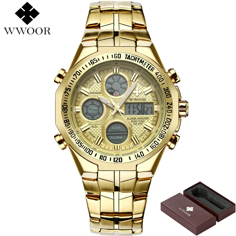 Мужские часы Топ бренд класса люкс кварцевые аналоговые светодиодный цифровые спортивные часы мужские золотые военные наручные часы Мужские часы Relogio Masculino - Цвет: Gold