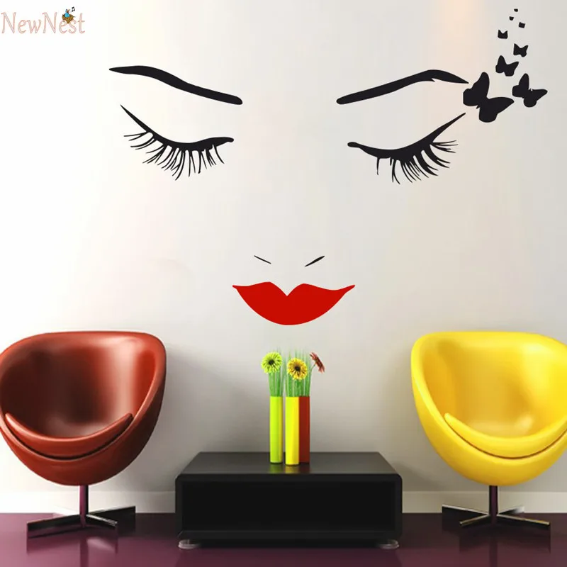 Image Face Makeup Wall Decal Lips Eyes Vinyl Sticker Beautiful Butterfly Girls Home Decor Bedroom Beauty Salon Art Design Interior