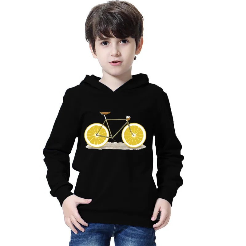 

2018 Kids Creative Hoodie Fruit Bicycle Print Hooded Sweatshirt Boys Girls Fashion Lemon Bicycle Pullover Tops for 3-14 Child
