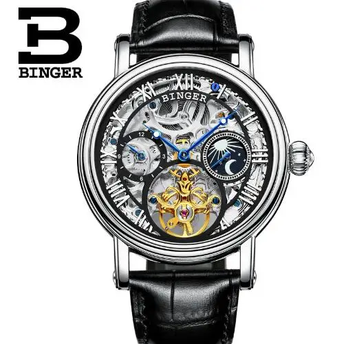 Switzerland Binger Silver Men Skeleton Mechanical Watch mens automatic watches Transparent Steam punk Montre Homme Wristwatch