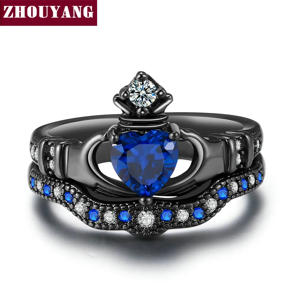 ZHOUYANG набор колец черного и золотого цвета для женщин с голубым кристаллом love Heart