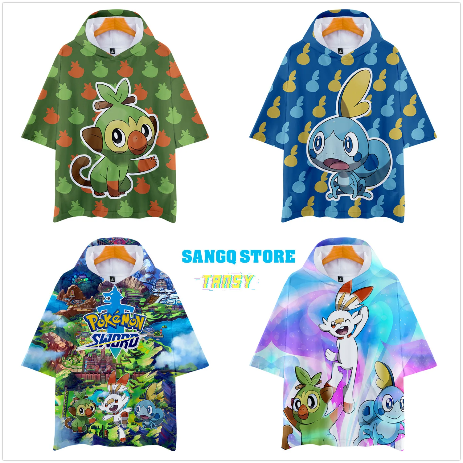 Pokemon Sword and Shield Short Sleeve Cap Outdoor Hoodie Sweatshirt Kangaroo Style Pocket Hooded Tops with 3D Printing T-shirts