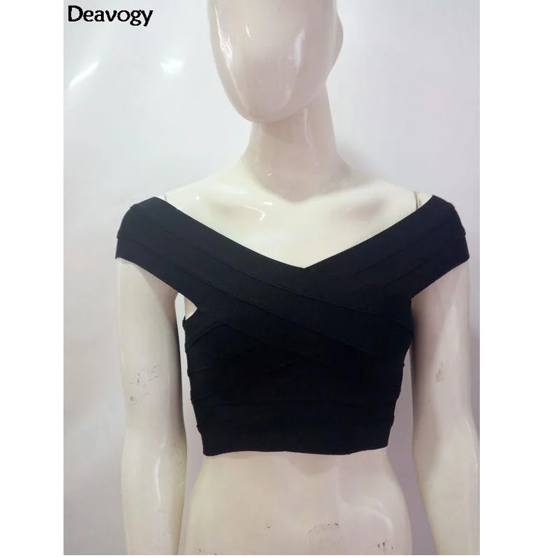

Deavogy 2016 Summer New Ladies Rayon Knitted Stretch Off The Shoulder V Neck Cute Sexy Bandage Bustier Crop Tops Dropship