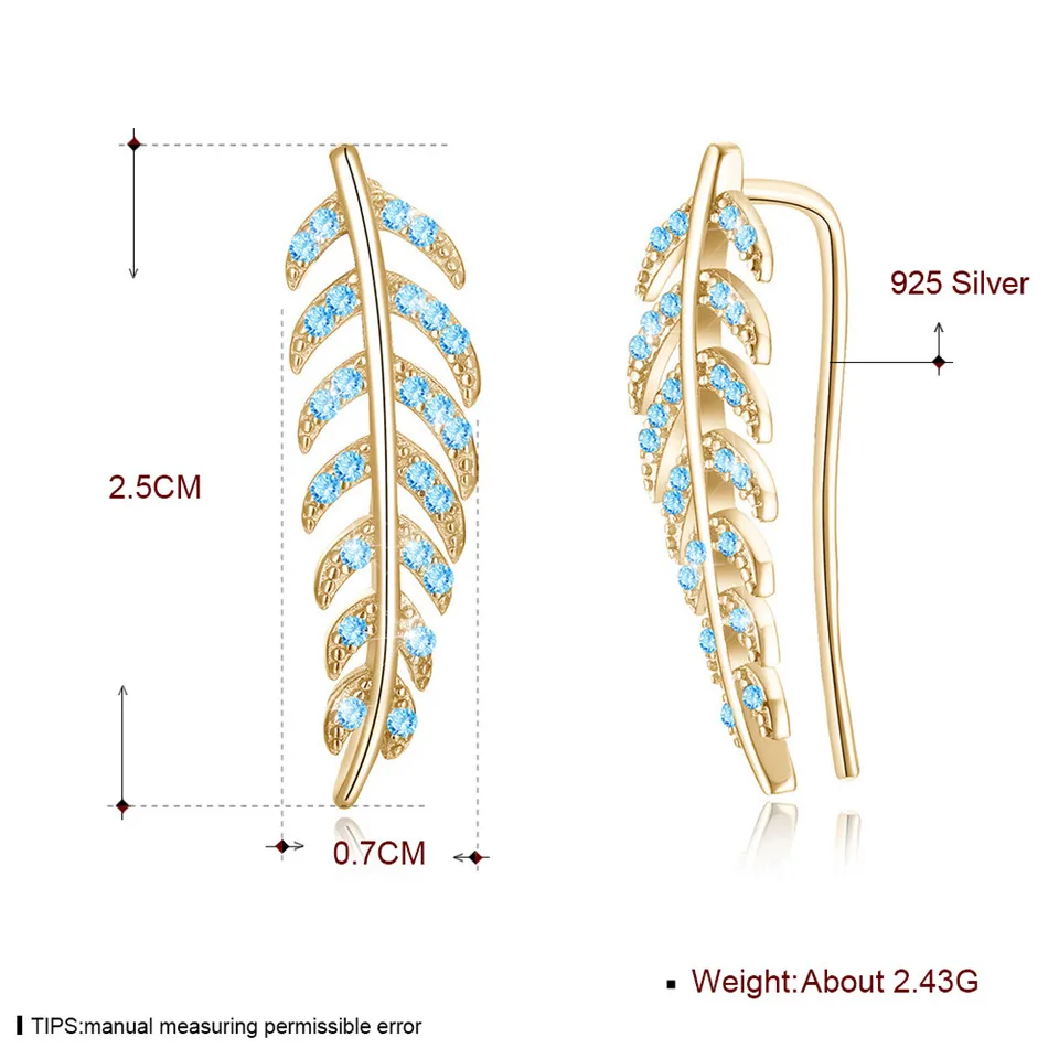 925 пробы, серебряные трендовые серьги в виде листьев для женщин, голубой цвет, кристалл, манжета, клипсы для ушей, серьги, модные ювелирные аксессуары