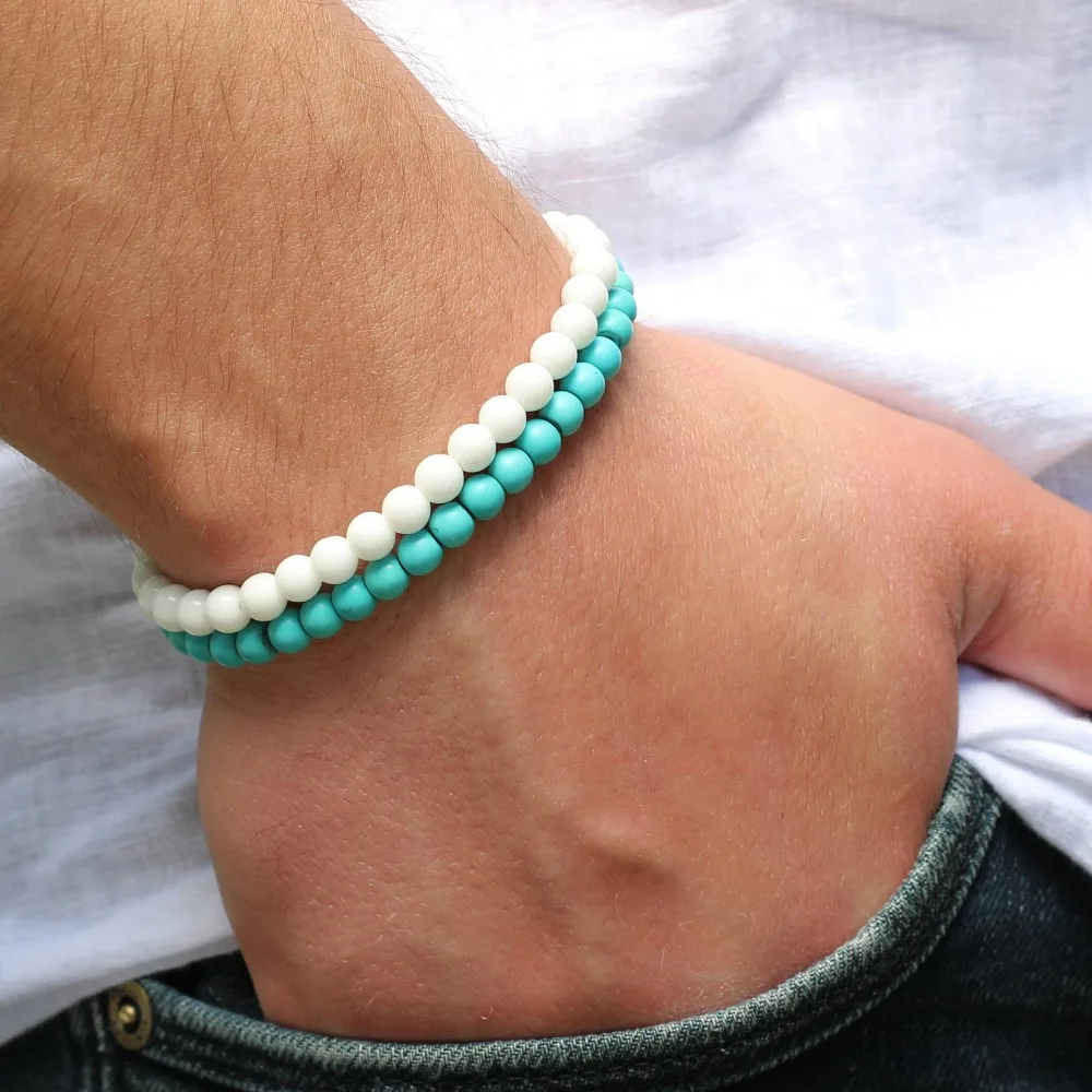 

Fashion Men's Bracelet Surfer Bracelet 2 pc Set Mens Beaded Wrist Bracelets 6mm Turquoisebeads WhiteAgate Bracelets men's gift