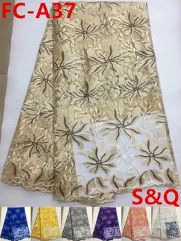 

High quality 5yards african french lace fabric gold african lace fabric with net lace african tulle lace fabric flowers FC-A37