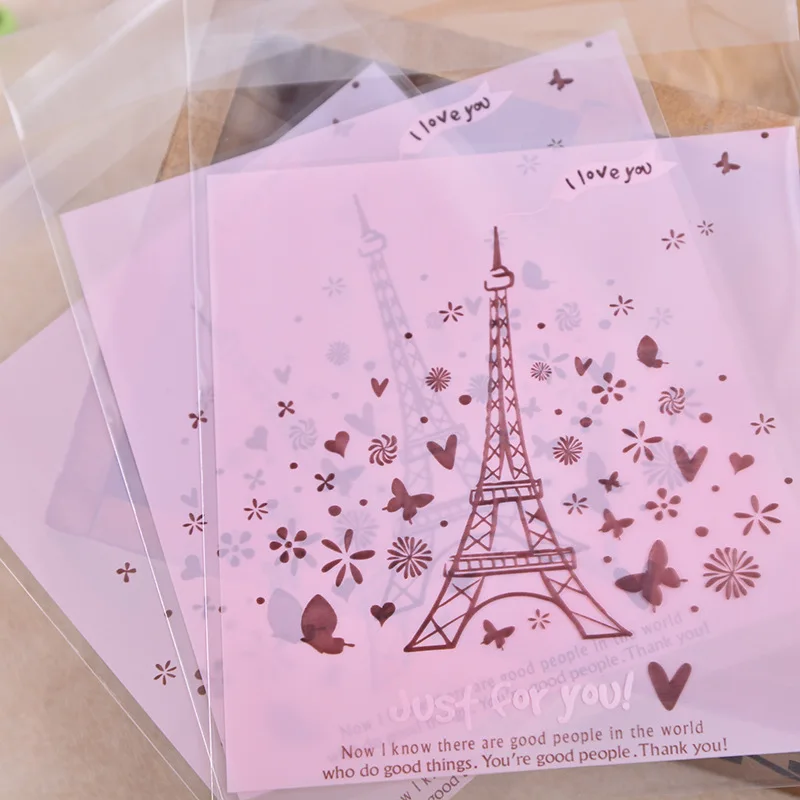 

500pcs Pink Eiffel Tower Style Self-adhesive OPP Wedding Party Gift and Candy Packaging bag Cake and Cookie Baking Bags BZ205