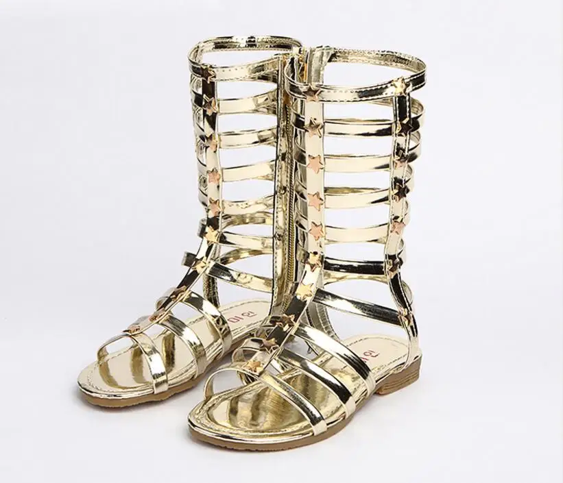2018 Little girls gladiator sandals boots scrub leather summer gold