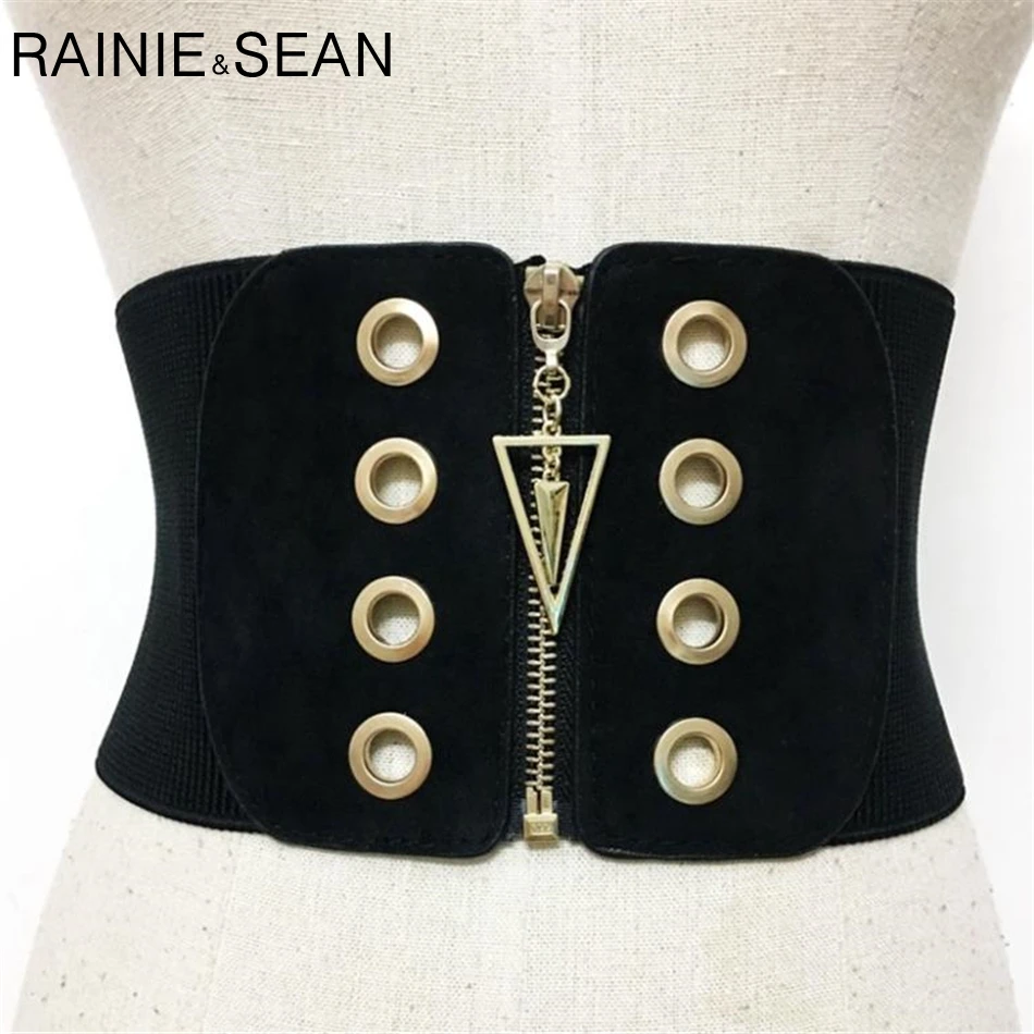 

RAINIE SEAN Elastic Belt Wide Cummerbund Metal Zipper Extra Wide Belt For Dresses Stretch Belts For Women Black Ladies Corset