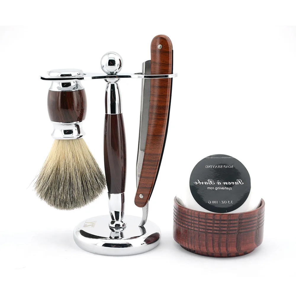 ZY Men Straight Shaving Razor Set Folding Knife + Razor Stand + Badger